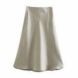 Znbbw 2024 New Elastic Waistline Simple Full-Color Satin Full-Length Skirt