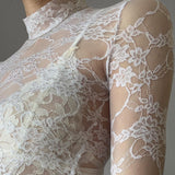 2024 Spring And Summer New Spice Girls Perspective Lace High-Necked Long-Sleeved T-Shirt Thin Tight Short Blouse