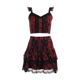 Znbbw Dark Plaid Sling Lace Tie Pleated Skirt 2024 Spring Personality Suit