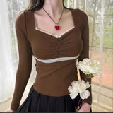 Retro Sweet And Spicy Wind, Bow Tie, Lace, Lace, Short-Sleeved T-Shirt, Summer Square Collar, Slim Blouse