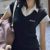 College Style POLO Collar Splicing Fake Two Short-Sleeved Blouses Slim And Simple Knitted T-Shirt Girl