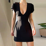 Znbbw Sexy V Collar Waist Shows Thin Short-Sleeved Dress Temperament Slim Casual Pure Color Hip Skirt Woman