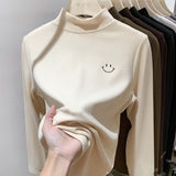 European Solid Color Embroidered Half-High Collar Bottomed Blouse In Autumn And Winter German Velvet Temperament Black Long-Sleeved Blouse
