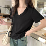 Basic Shoulder V-Collar Short-Sleeved T-Shirt Women's Summer New Korean Version Of Slim Design Feel Bottomed Shirt Casual Top Trend
