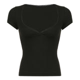 Hot Girls Sexy V-Collar Lace Stitching Solid Color Short-Sleeved Basic Casual Short-Sleeved Blouse 2024 Summer New Style