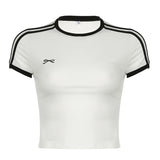 Simple Basic Color Stripes Stitching Embroidery Small Bows Slim Round Neck Short-Sleeved T-Shirts New Fashion