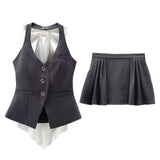 Znbbw Spring Style Bow Removable Back-Hanging Waistcoat Pleated Half-Length Skirt