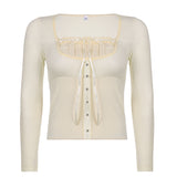 2024Wish Spring And Summer New Women's Wear Solid Color Lace Edge Retro Sweet Square Collar T-Shirt