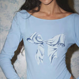 Sweet And Cool Spicy Girls Big Bare-Back Butterfly Machine Printing Slim Long-Sleeved T-Shirt 2024 Spring New Design Basic Blouse