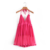 Znbbw The Summer Of 2024, The New Style Baitai Thin Laminated Net Yarn Spliced V-Collar Halter Skirt With Large Bare Back