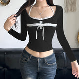 Bow Tie Lace Stitching Neck Pure Wind Short-Sleeved Blouse Sweet Slim And Skinny T-Shirt In Summer
