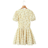 Znbbw New Yellow Flower V-Neck Short-Sleeved Mini Dress