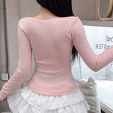 Pure Fashion Girl Hit Color Square Collar Fold Splicing Fake Two Long-Sleeved T-Shirts Sweet Knit Blouse
