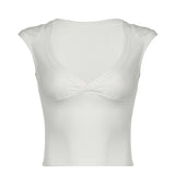 Spicy Girl Style Simple Solid Color Basic Sexy Low-Cut V-Neck Slim Flying Sleeve T-Shirt 2024 Spring / Summer New Style