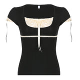 Street Fashion Winter Ebay Color Splicing Lace Square Tie Fresh And Sweet Blouse Girl