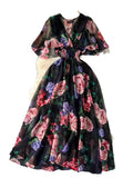 Znbbw V-Necked Print Chiffon Dress Shows Lean Lotus Leaf Edge Short-Sleeved Waist First Love Fairy Skirt