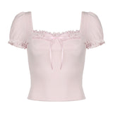 Summer Fresh Romantic Pure Color Square Collar Bubble Sleeve Girl T-Shirt Ins Trend Slim Casual Blouse New Style