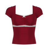 Retro Sweet And Spicy Wind, Bow Tie, Lace, Lace, Short-Sleeved T-Shirt, Summer Square Collar, Slim Blouse
