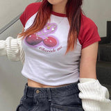 Sweet Cool Girl Cherry Print Hit Color Shoulder Insert Short-Sleeved Round-Neck T-Shirt 2024 Spring / Summer New Spice Girl Blouse