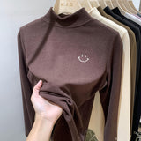 European Solid Color Embroidered Half-High Collar Bottomed Blouse In Autumn And Winter German Velvet Temperament Black Long-Sleeved Blouse