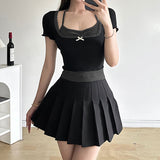 French Bow Square Collar Waist Shows Thin Collision Color Two-Piece T-Shirt Sweet Girl Hanging Neck Short-Sleeved Blouse