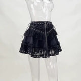 Znbbw Zipper Lace Splicing Tie Short Skirt Dark Summer Street Fashion Leisure Pleated Skirt