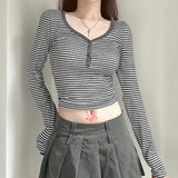 Design Sensitive Lace Hit Striped T-Shirt Spice Girl Slim Short Navel Blouse V-Neck Long-Sleeved Bottomed Shirt