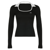 Sweet And Cool Hot Girl Style Polo Collar Printed T-Shirt Early Autumn New Sexy Clavicle Bow Long-Sleeved Blouse