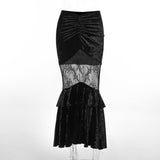 Znbbw Autumn New Sexy Perspective Embossed Skirt Dark Style Velvet Lace Spliced Half Skirt Girl