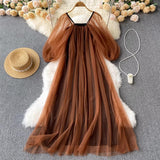 Znbbw Lantern Sleeve Style Square Collar Net Dress Femininity Tea Break Skirt Warm And Long Fairy Skirt