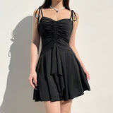 Sweet Maiden Fold Design V-Collar Halter Waist Dress Ins Trend Age-Reducing Little Black Dress 2024 Styles