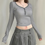 Design Sensitive Lace Hit Striped T-Shirt Spice Girl Slim Short Navel Blouse V-Neck Long-Sleeved Bottomed Shirt