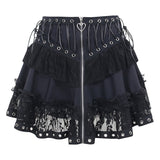 Znbbw Zipper Lace Splicing Tie Short Skirt Dark Summer Street Fashion Leisure Pleated Skirt