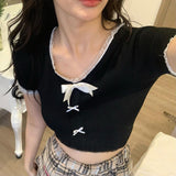 Sweet Girl Lace Lace Bow Stitching Small V-Collar Slim Short Navel T-Shirt 2024 New Style In Early Spring