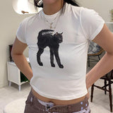 2024 Summer New Style Personality Trend Slim Style Black Cat Printed Short T-Shirt Women With Fried Hair