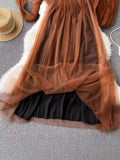 Znbbw Lantern Sleeve Style Square Collar Net Dress Femininity Tea Break Skirt Warm And Long Fairy Skirt