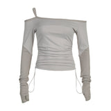 Spicy Girl Style Solid Color Collar Shoulder Rope Slim Long-Sleeved Functional T-Shirt 2024 Spring New Style