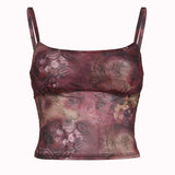 Retro Print Slim Mesh Halter Top 2024 Spring And Summer New Hot Girls Sexy Low-Chested Bare-Back Vest