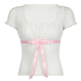 Sweet And Spicy Square Collar Lace Stitching Pink Bow Tie With Bubble Sleeves Slim T-Shirt 2024