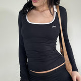 Sweet And Cool Hot Girl Style Polo Collar Printed T-Shirt Early Autumn New Sexy Clavicle Bow Long-Sleeved Blouse