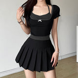 French Bow Square Collar Waist Shows Thin Collision Color Two-Piece T-Shirt Sweet Girl Hanging Neck Short-Sleeved Blouse