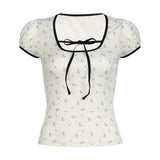 Broken Flower Printing Lace-Up Bubble Bubble Short-Sleeved Knitted T-Shirt Slim, Hanging Neck, Sweet Blouse