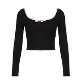 The Bowknot Splicing Colour Knitting Skinny Blouse Woman 2024 Sweet Spice Girl French Ballet Style Slim Hollow T-Shirt