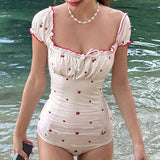 Pure Desire Atmosphere Feeling Cherry Printed Wood Ear Splicing Swimming Suit Square Collar Back Dewy Back Design Sexual Bubble Sleeve Jumpsuit