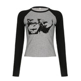 Street Portrait Printed Shoulder-Inserted Long-Sleeved T-Shirt 2024 New Retro Slim And Skinny Bottom Shirt