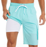 Znbbw Pants Solid Color Multi-Pocket Fake Two Double-Layer Overalls Five-Point Fitness Running Leisure Sports Shorts