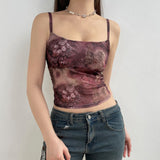 Retro Print Slim Mesh Halter Top 2024 Spring And Summer New Hot Girls Sexy Low-Chested Bare-Back Vest