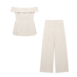 Znbbw New Side Split Shoulder Blouse 8202451 High Waist Wide Leg Pants 8199151