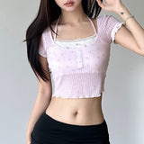 Sweet And Spicy Girls Pure Desire Lace Splicing Fake Two Neck Tops Girls French Maiden Ear Knitted Short-Sleeved T-Shirts