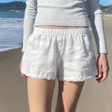 Holiday Style Buckle Solid Color Simple Woven Shorts Loose Waist Loose 100-Lap Spliced Lace Casual Trousers